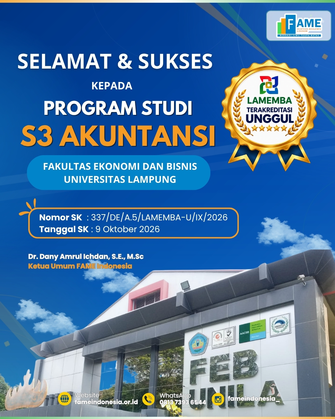 Program Studi Doktor Akuntansi Universitas Lampung Raih Akreditasi Unggul, FAME Indonesia Sampaikan Apresiasi